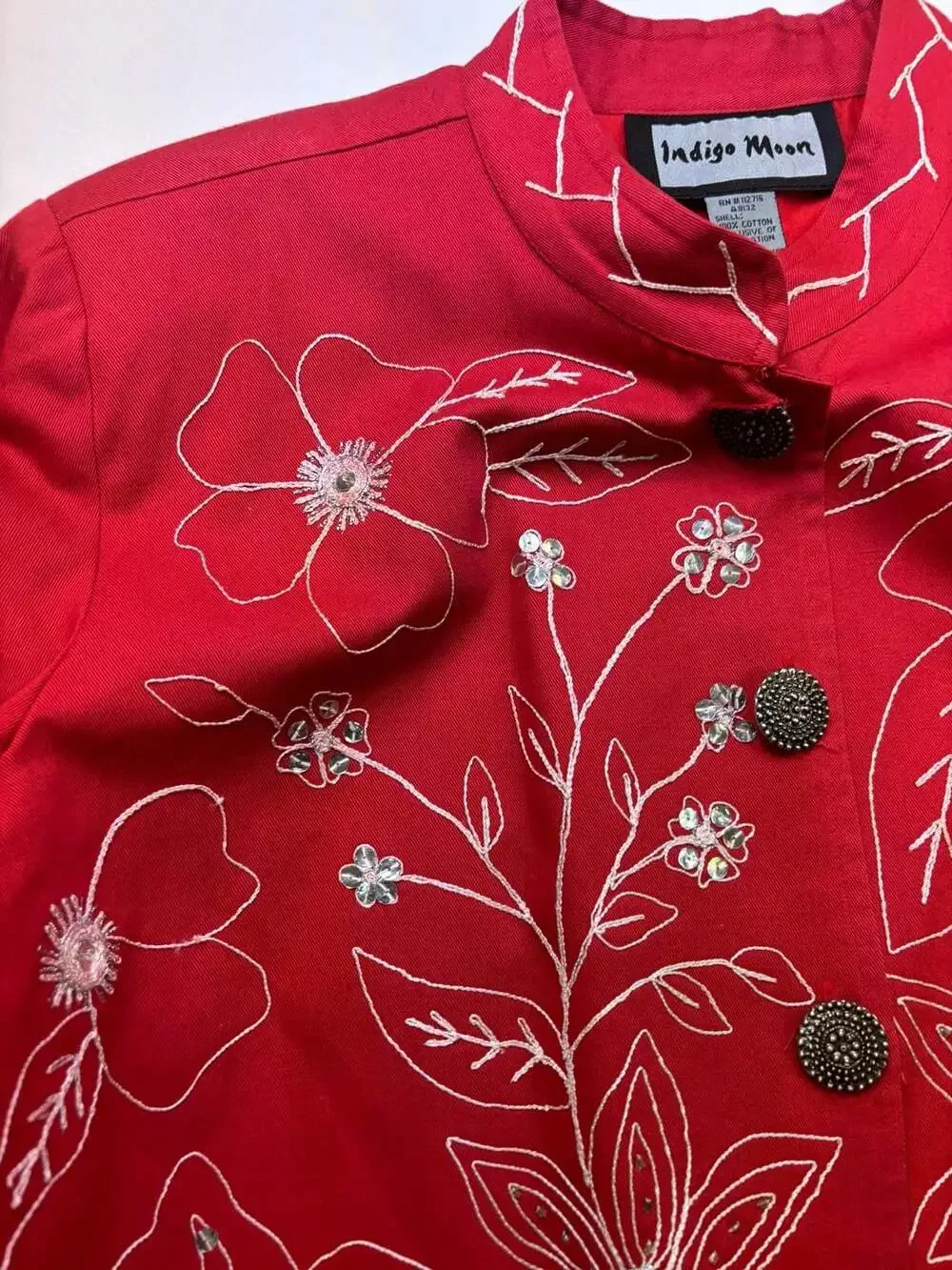 Red Cotton Embroidered Jacket, Sequin Floral Design - Indigo Moon, Medium